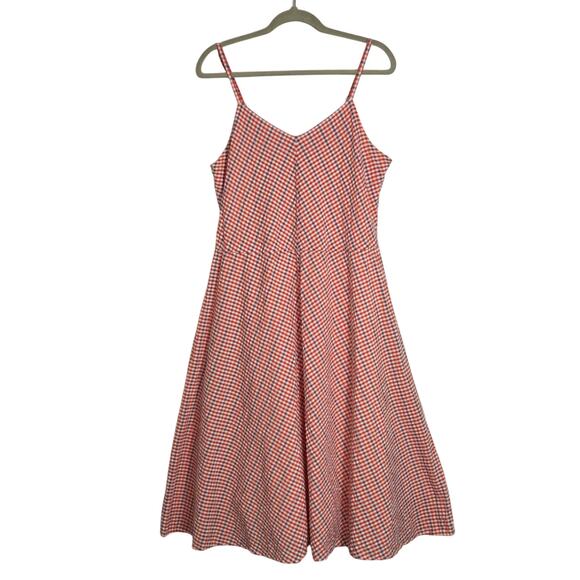 LL Bean Signature Midi Dress Women's Size 14 Plaid Red White Lined Cotton Casual - Picture 1 of 10